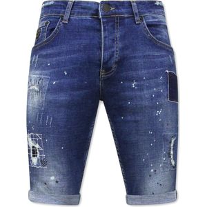 Heren Korte Jeans met Verfspatten Stretch -1035-SH- Blauw