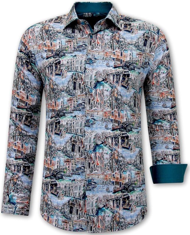 Gentile Bellini - Overhemden - Groen - Slim Fit - Lange Mouwen - Schilderij Print