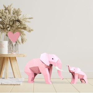 3D Papercraft Kit Roze Olifantjes Mama & Baby – Compleet knutselpakket met snijmat, liniaal, vouwbeen, mesje – 40 en 26 cm