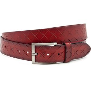 Thimbly Belts Jeansriem rood met ruit patroon - heren en dames riem - 4 cm breed - Rood - Echt Leer - Taille: 105cm - Totale lengte riem: 120cm