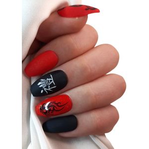 SD Press on Nails - No 94 Dragon Heart - Plaknagels - Gelnagels - Handgemaakt - 20 stuks - Rood - Zwart - Gellak - Nagellak - Medium Coffin Ballerina Nageltips met Lijm - Kunstnagels - Nail Art - Handmade - Valse nagels - Accessoires - Cosplay