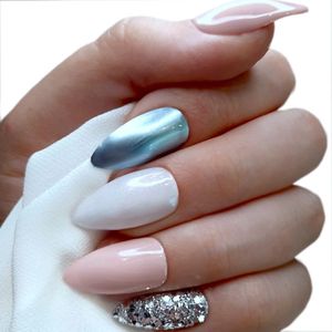 SD Press on Nails - B-96 - Plaknagels met nagellijm - Medium Stiletto Kunstnagels - Nude Blauw - Zilver - Set 20 Nagels - M Nageltips - Nagels Feestdagen - Accessoires - Nagellak - Gellak - Kunstnagels - Nails at home