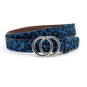 A-Zone Dames riem zwart/blauw leopard - dames riem - 3 cm breed - Zwart / Blauw - Echt Leer - Taille: 95cm - Totale lengte riem: 110cm