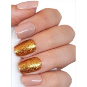 SD Press on Nails - B-Series - Plaknagels - Nagelset 20 Nagels - B-128 Nude Goud - Gellak - Nagellak - Korte Coffin Nageltips - Nepnagels met Lijm - Kunstnagels - Nail Art - Handmade - Valse nagels - Nagelvijl - Accessoires - Pastel Nagels