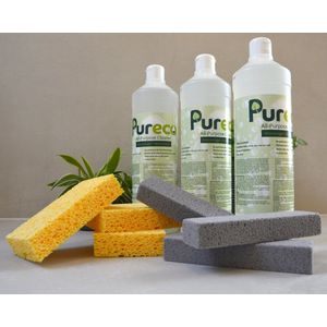 Pureco - Ecologisch Schoonmaakpakket - Premiumpakket met 3 x Allesreiniger 1 L, 3 x Spons en 3 x Reinigingssteen