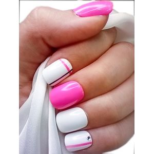 SD Press on Nails - B-35 - Plaknagels - Nagelset 20 Nagels - Roze wit - Gellak - Nagellak - Kort Recht- Nageltips - Nepnagels met Lijm - Kunstnagels - Nail Art - Handmade - Valse nagels - Nagelvijl - Accessoires - Korte Nagels - Squaretips
