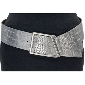 Thimbly Belts Dames brede heupriem zilverkleurig croco - dames riem - 6 cm breed - Zilver - Echt Nerf Leer - Taille: 105cm - Totale lengte riem: 120cm