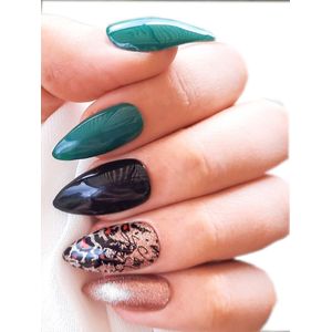 SD Press on Nails - B-90 - Plaknagels - Nagelset 20 Nagels - Zwart Groen - Gellak - Nagellak - Medium Stiletto Nageltips - Nepnagels met Lijm - Kunstnagels - Nail Art - Handmade - Valse nagels - Nagelvijl - Accessoires - Medium Nagels