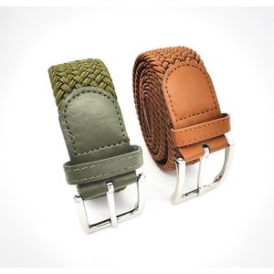 2 pack deal - Elastische broekriem Stretch riem Vlecht riem Gevlochten riem Elastiek riem - unisex - Kleur -Camel-Legergroen