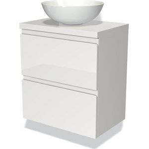 Modulo Plato Slim Badkamermeubel voor waskom | 60 cm Hoogglans wit Greeploos front Hoogglans wit blad 2 lades onder elkaar