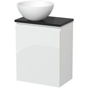 Toiletmeubel met waskom | 41 cm Hoogglans wit Greeploos front Mat wit Solid surface waskom Mat zwart blad