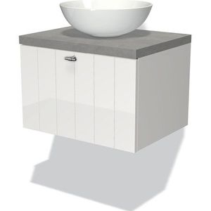 Modulo Plato Badkamermeubel voor waskom | 60 cm Hoogglans wit Lamel front Lichtgrijs beton blad 1 lade