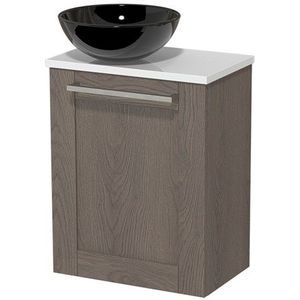 Toiletmeubel met waskom | 41 cm Donkerbruin eiken Kader front Hoogglans zwart Keramiek waskom Hoogglans wit blad