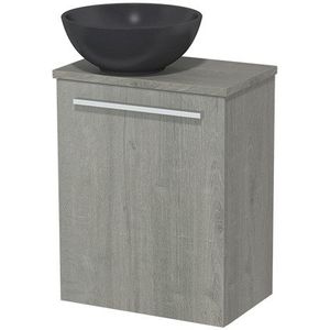 Toiletmeubel met waskom | 41 cm Grijs eiken Vlak front Mat zwart Quartz waskom Grijs eiken blad