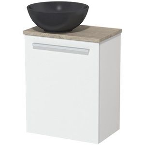 Toiletmeubel met waskom | 41 cm Mat wit Vlak front Mat zwart Quartz waskom Lichtgrijs eiken blad