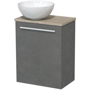 Toiletmeubel met waskom | 41 cm Donkergrijs beton Vlak front Hoogglans wit Keramiek waskom Lichtgrijs eiken blad
