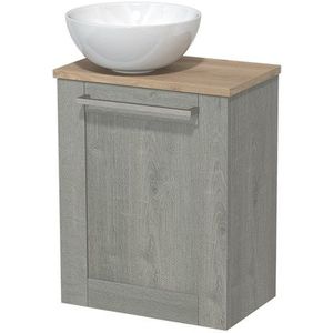 Toiletmeubel met waskom | 41 cm Grijs eiken Kader front Hoogglans wit Keramiek waskom Lichtbruin eiken blad