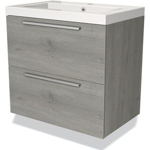 Modulo Badkamermeubel met wastafel | 70 cm Grijs eiken Vlak front Mineraalmarmer 2 lades onder elkaar