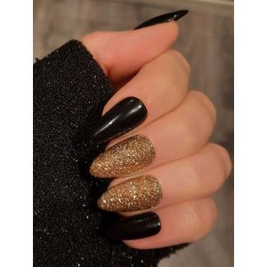 SD Press on Nails - No. 2 Gold Dust - Medium Stiletto - Zwart - Goud Sugar Glitter - Plaknagels - Gelnagels - Handgemaakte Nagels - 20 stuks - Cosplay - Accessoires - (gel)Nagellak - Nagelstudio - Nail Art - Nagels met lijm - M Nageltips