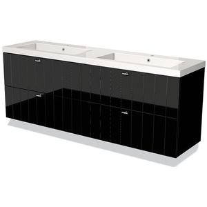 Modulo Badkamermeubel met wastafel | 180 cm Hoogglans zwart Lamel front Mineraalmarmer 4 lades