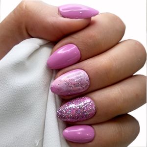SD Press on Nails - B142 - Plaknagels met nagellijm - XS Stiletto Kunstnagels - Pink Marble Glitter -Set 20 Kunstnagels handgemaakt van gellaks