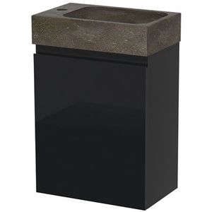 Modulo Pico Toiletmeubel met wastafel | 40 cm Hoogglans zwart Greeploos front Natuursteen