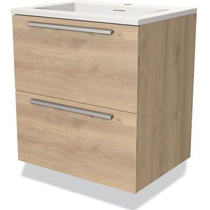 Modulo Badkamermeubel met wastafel | 60 cm Lichtbruin eiken Vlak front Solid surface 2 lades onder elkaar