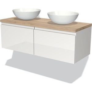 Modulo Plato Badkamermeubel voor waskom | 120 cm Hoogglans wit Greeploos front Lichtbruin eiken blad 2 lades naast elkaar