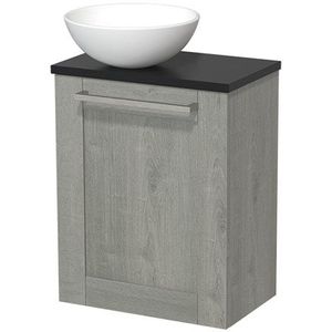 Toiletmeubel met waskom | 41 cm Grijs eiken Kader front Mat wit Keramiek waskom Mat zwart blad