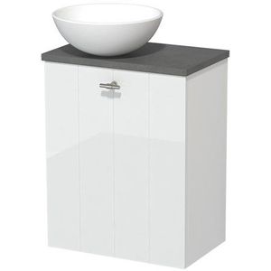 Toiletmeubel met waskom | 41 cm Hoogglans wit Lamel front Mat wit Keramiek waskom Donkergrijs beton blad