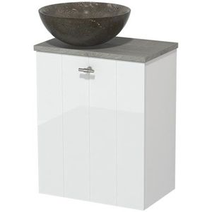 Toiletmeubel met waskom | 41 cm Hoogglans wit Lamel front Blue stone Natuursteen waskom Grijs eiken blad