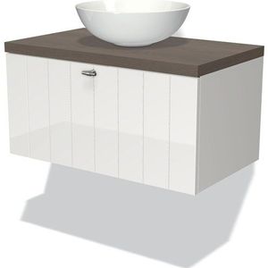 Modulo Plato Badkamermeubel voor waskom | 80 cm Hoogglans wit Lamel front Donkerbruin eiken blad 1 lade