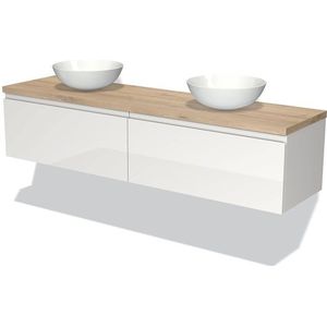 Modulo Plato Badkamermeubel voor waskom | 180 cm Hoogglans wit Greeploos front Lichtbruin eiken blad 2 lades naast elkaar