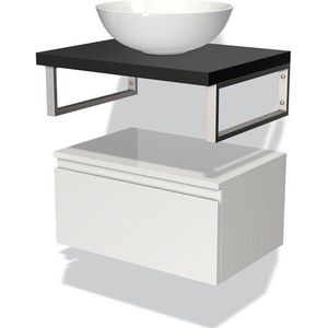 Modulo Plato Badkamermeubel voor waskom | 60 cm Hoogglans wit Greeploos front Mat zwart blad Laag zwevend