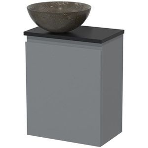 Toiletmeubel met waskom | 41 cm Middengrijs Greeploos front Blue stone Natuursteen waskom Mat zwart blad