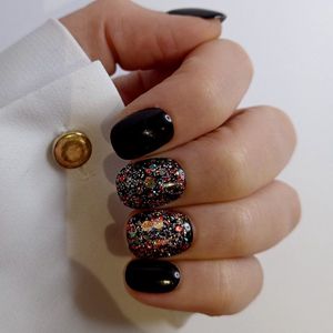 SD Press on Nails - B167 Zwart Glitter - Plaknagels - Nagelset 20 Nagels - Gellak - Nagellak - Kort Naturel - Nageltips - Nepnagels met Lijm - Kunstnagels - Nail Art - Handmade - Valse nagels - Nagelvijl - Accessoires - Korte Nagels -Kerst