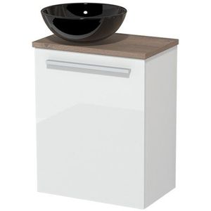 Toiletmeubel met waskom | 41 cm Hoogglans wit Vlak front Hoogglans zwart Keramiek waskom Middenbruin eiken blad