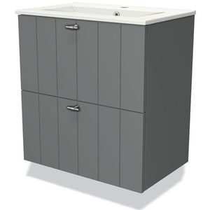 Modulo Slim Badkamermeubel met wastafel | 60 cm Middengrijs Lamel front Keramiek 2 lades onder elkaar