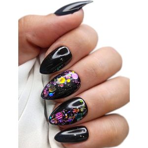 SD Press on Nails - No. 18 Purple Disco - Medium Stiletto - Zwart - Paars Glitter - Plaknagels - Gelnagels - Handgemaakte Nagels - 20 stuks - Cosplay - Accessoires - (gel)Nagellak - Nagelstudio - Nail Art - Nagels met lijm - M Nageltips