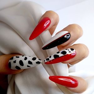 SD Press on Nails - No. 118 Cruel-Là - Plaknagels met nagellijm - XL Stiletto - Rood Wit Zwart - Set 20 Handgemaajte Nagels - Cosplay Assessoires - Extreme Nail Art - Kunstnagels - Nepnagels - Print - Nail Art - Handgemaakt