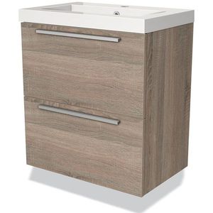 Modulo Slim Badkamermeubel met wastafel | 60 cm Eiken Vlak front Mineraalmarmer 2 lades onder elkaar