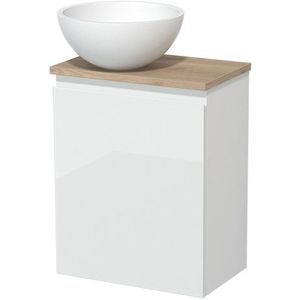 Toiletmeubel met waskom | 41 cm Hoogglans wit Greeploos front Mat wit Solid surface waskom Lichtbruin eiken blad