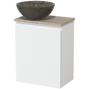 Toiletmeubel met waskom | 41 cm Mat wit Greeploos front Blue stone Natuursteen waskom Lichtgrijs eiken blad