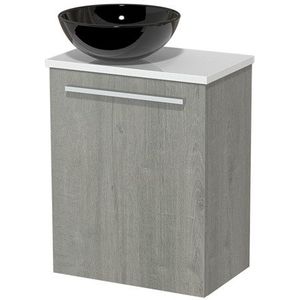 Toiletmeubel met waskom | 41 cm Grijs eiken Vlak front Hoogglans zwart Keramiek waskom Hoogglans wit blad