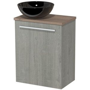 Toiletmeubel met waskom | 41 cm Grijs eiken Vlak front Hoogglans zwart Keramiek waskom Middenbruin eiken blad