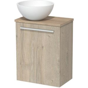 Toiletmeubel met waskom | 41 cm Lichtgrijs eiken Vlak front Mat wit Solid surface waskom Lichtbruin eiken blad