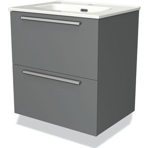 Modulo Badkamermeubel met wastafel | 60 cm Middengrijs Vlak front Keramiek 2 lades onder elkaar