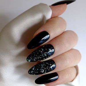 SD Press on Nails - B-172 - Plaknagels met nagellijm - Lang Stiletto Kunstnagels - Zwart Glitter Groen - Set 20 Nagels - Handmade - Gellak - Accessoires Feestdagen - Nagelset - Nails at Home - Lange nagelstips