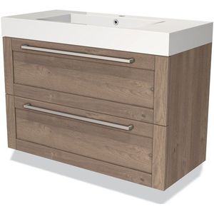 Modulo Badkamermeubel met wastafel | 100 cm Middenbruin eiken Kader front Mineraalmarmer 2 lades onder elkaar