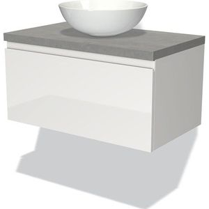 Modulo Plato Badkamermeubel voor waskom | 80 cm Hoogglans wit Greeploos front Lichtgrijs beton blad 1 lade